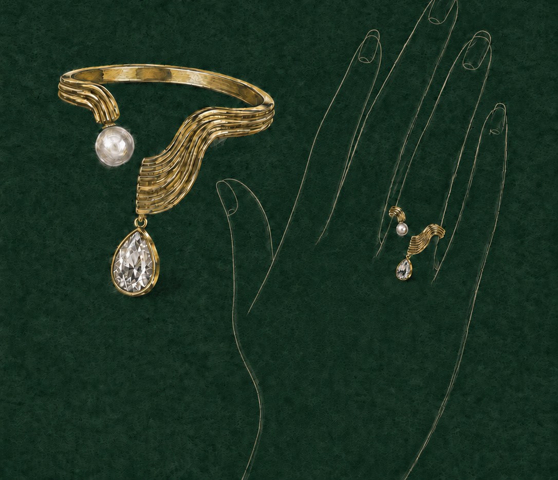 Sketch of the Mawj Drop Ring beside a line-drawn hand wearing it