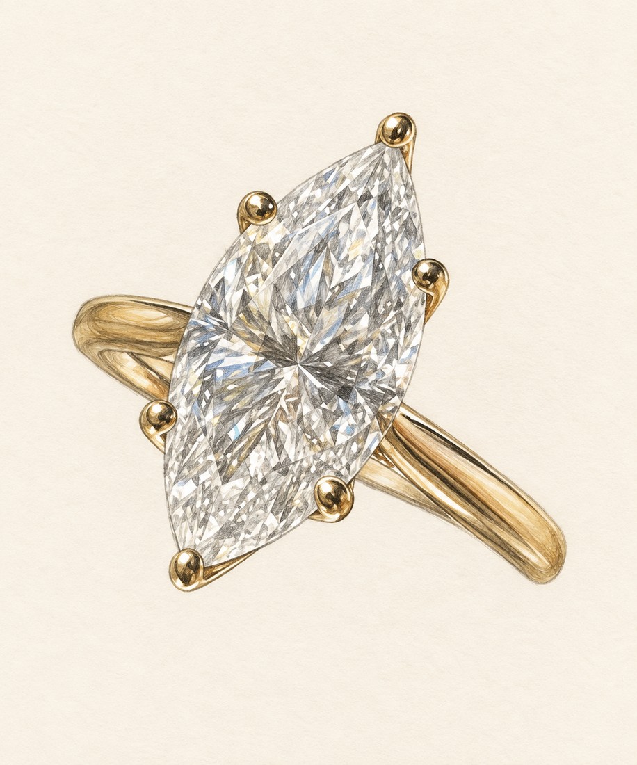 Hand-drawn sketch of a marquise diamond solitaire in gold